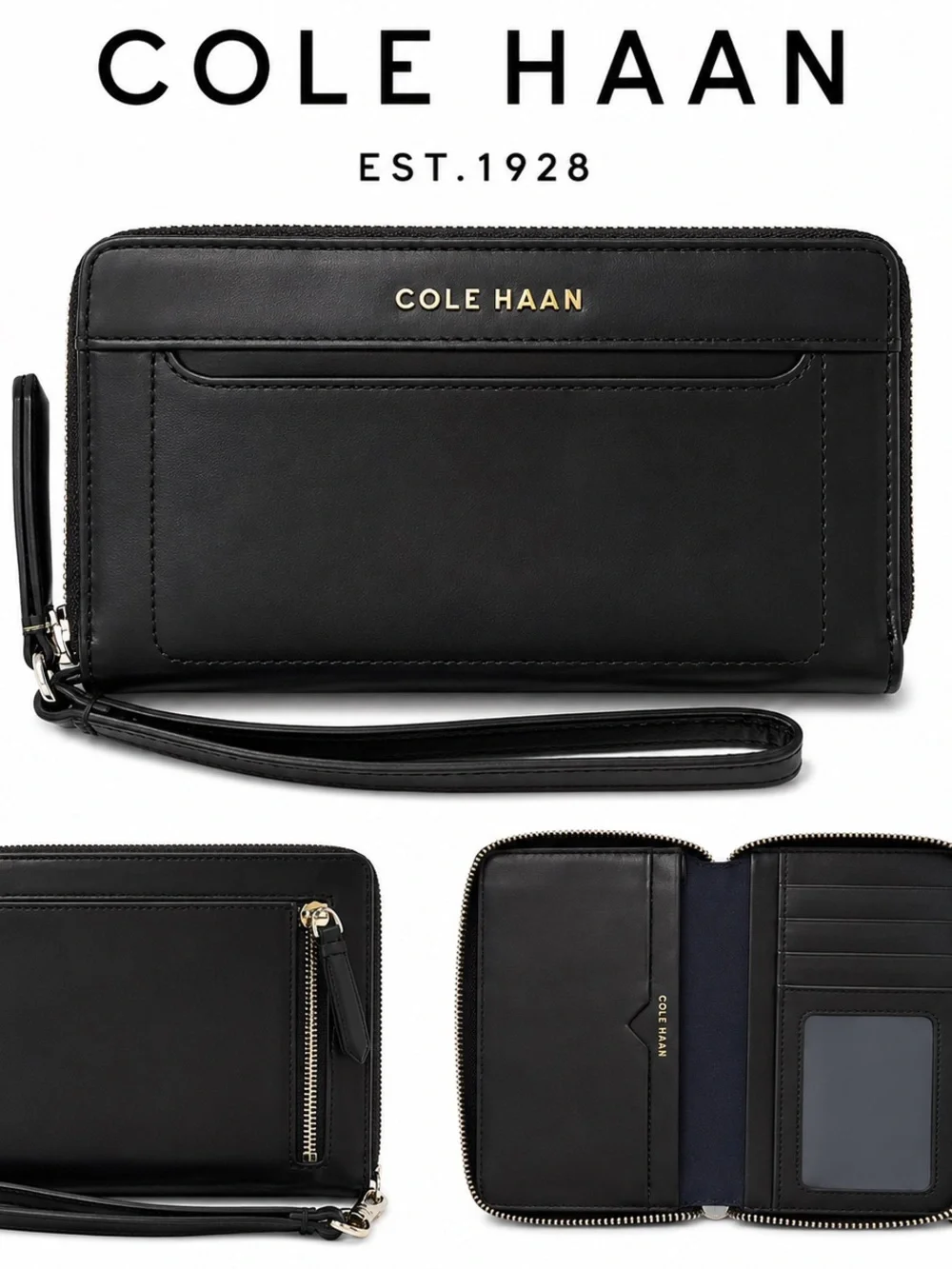 Cole Haan Black Leather Zip Wristlet/Wallet with Detachable Strap